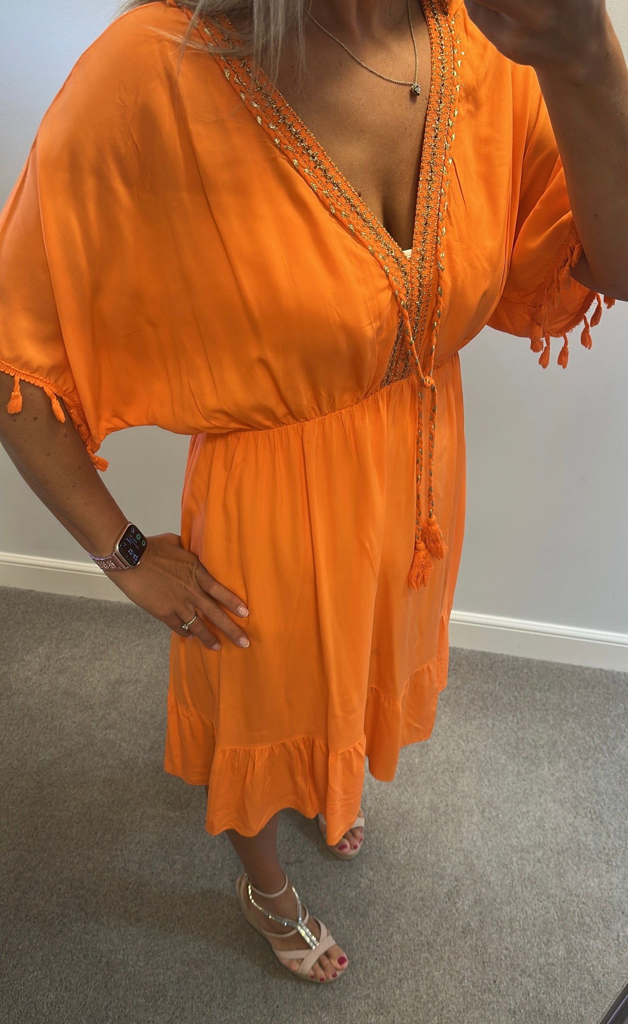 Spanish boutique Orange and gold summer dress one size fitting upto size 18