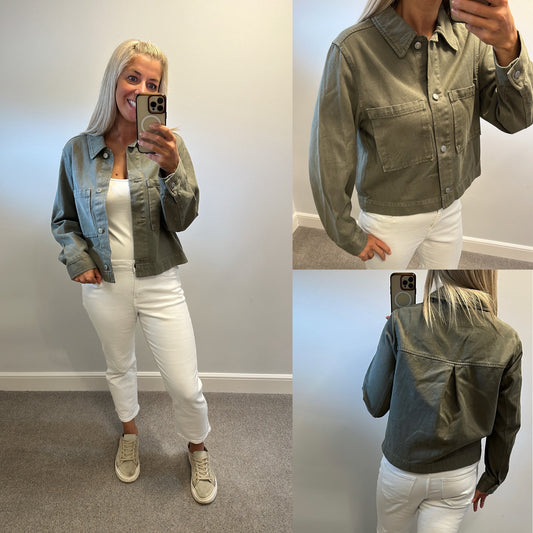 H&M khaki green cotton denim jacket size M (UK 12-16) brand new with tags