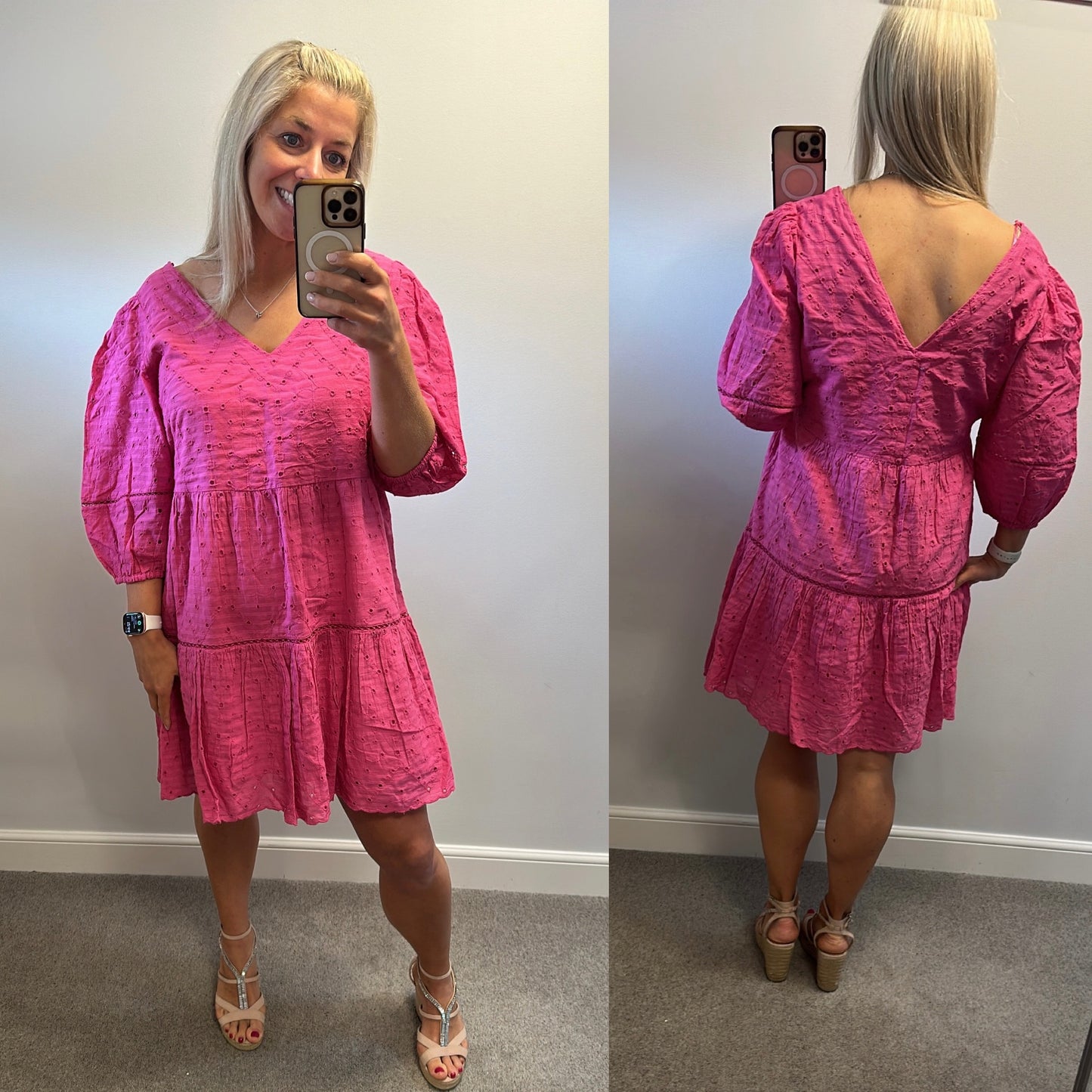 F&F pink puff sleeve embroidered dress size 16