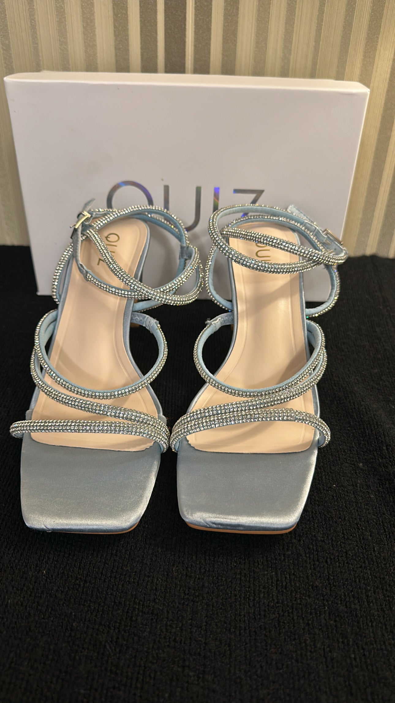 Quiz light blue diamanté strappy block heel shoes size 8 brand new with box