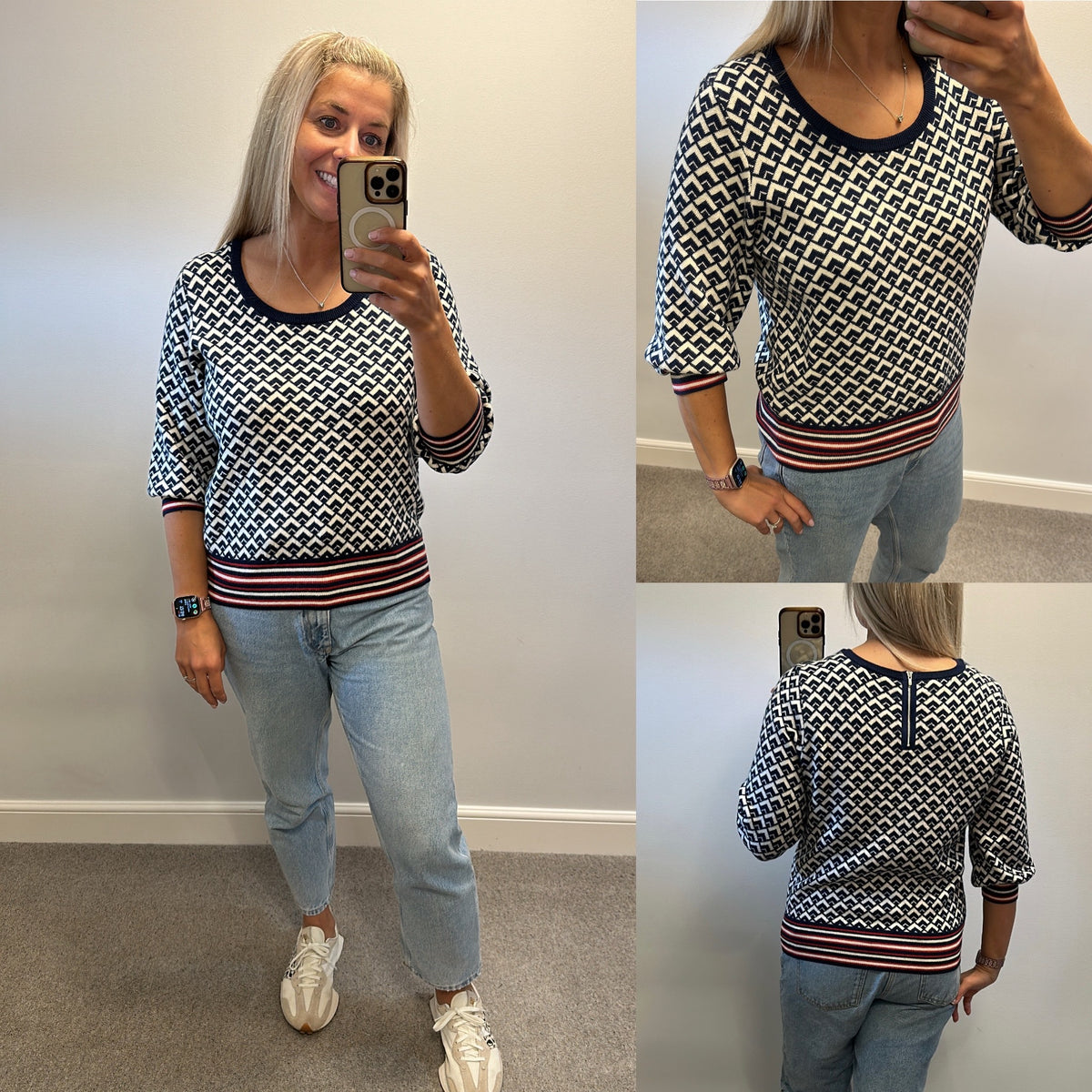 Monsoon cream and navy print jumper size 16
