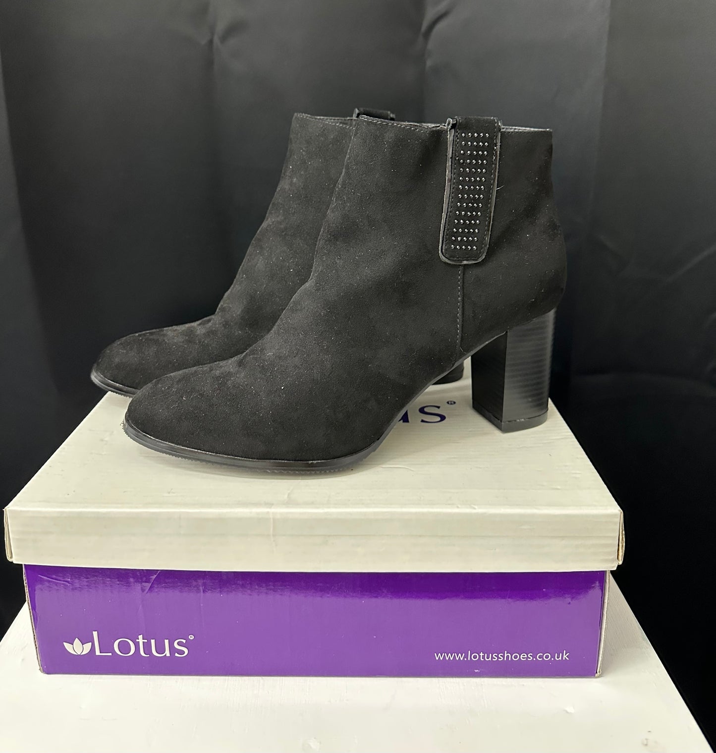 Lotus black diamanté chunky heel boots size 8