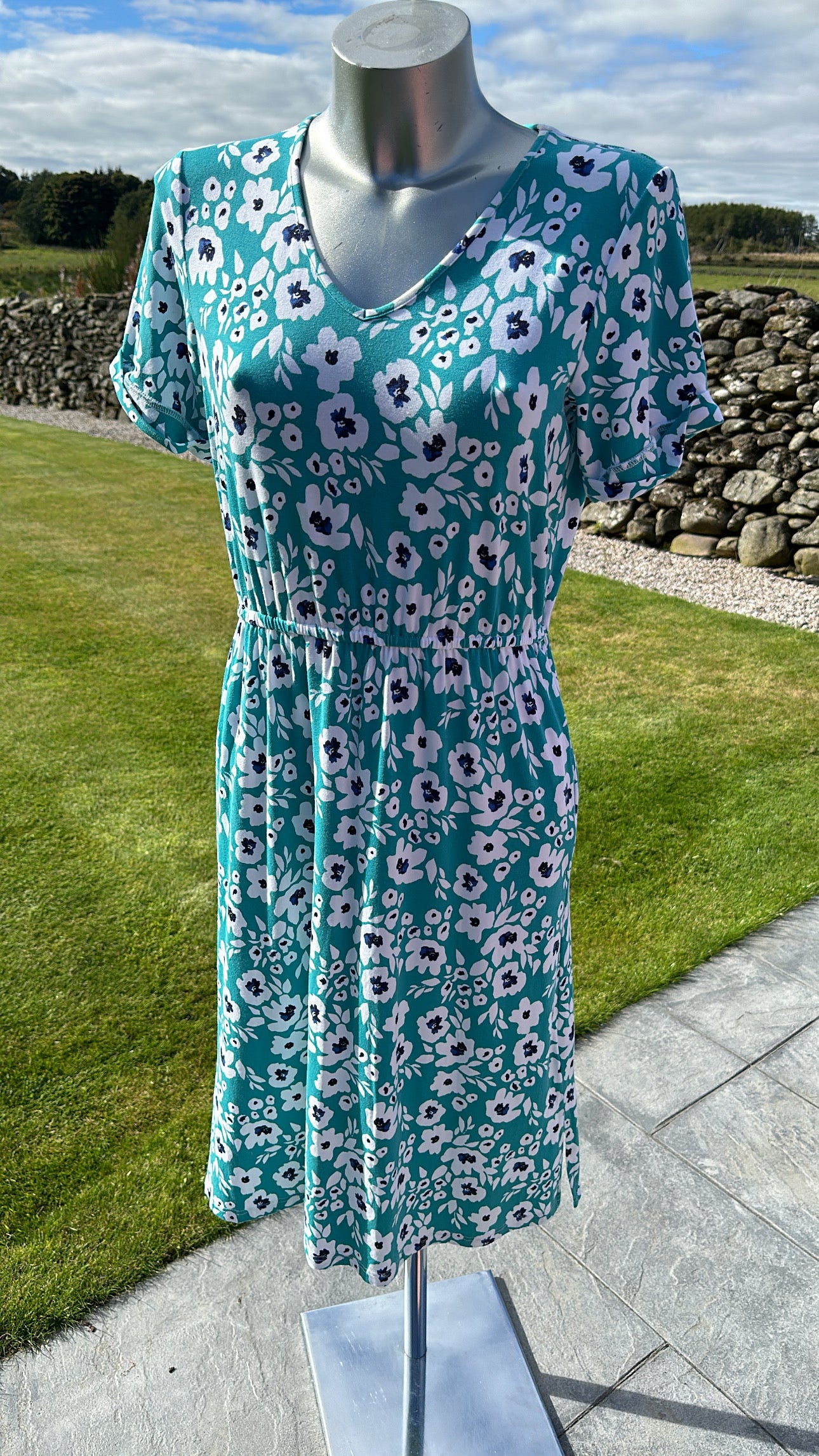 Wool Overs turquoise floral cotton print dress size S with pockets