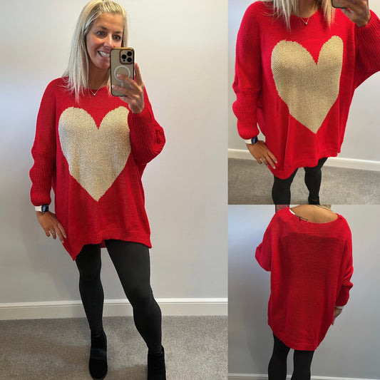 Anne & co red and gold heart jumper one size fitting upto size 26 brand new with tags