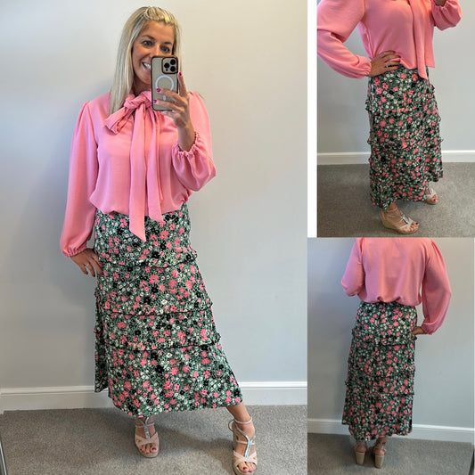 Oliver Bonas green and pink floral skirt size 12