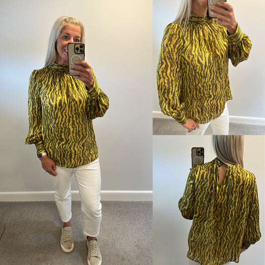 H&M green and khaki blouse size M (UK 12-16)