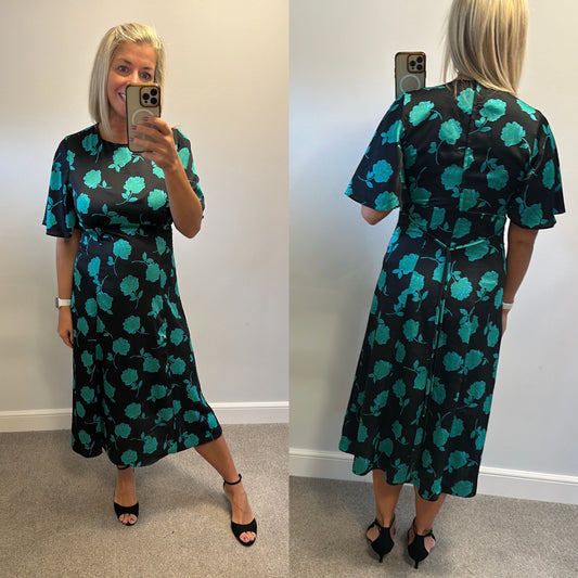 New look black / green floral dress size 14