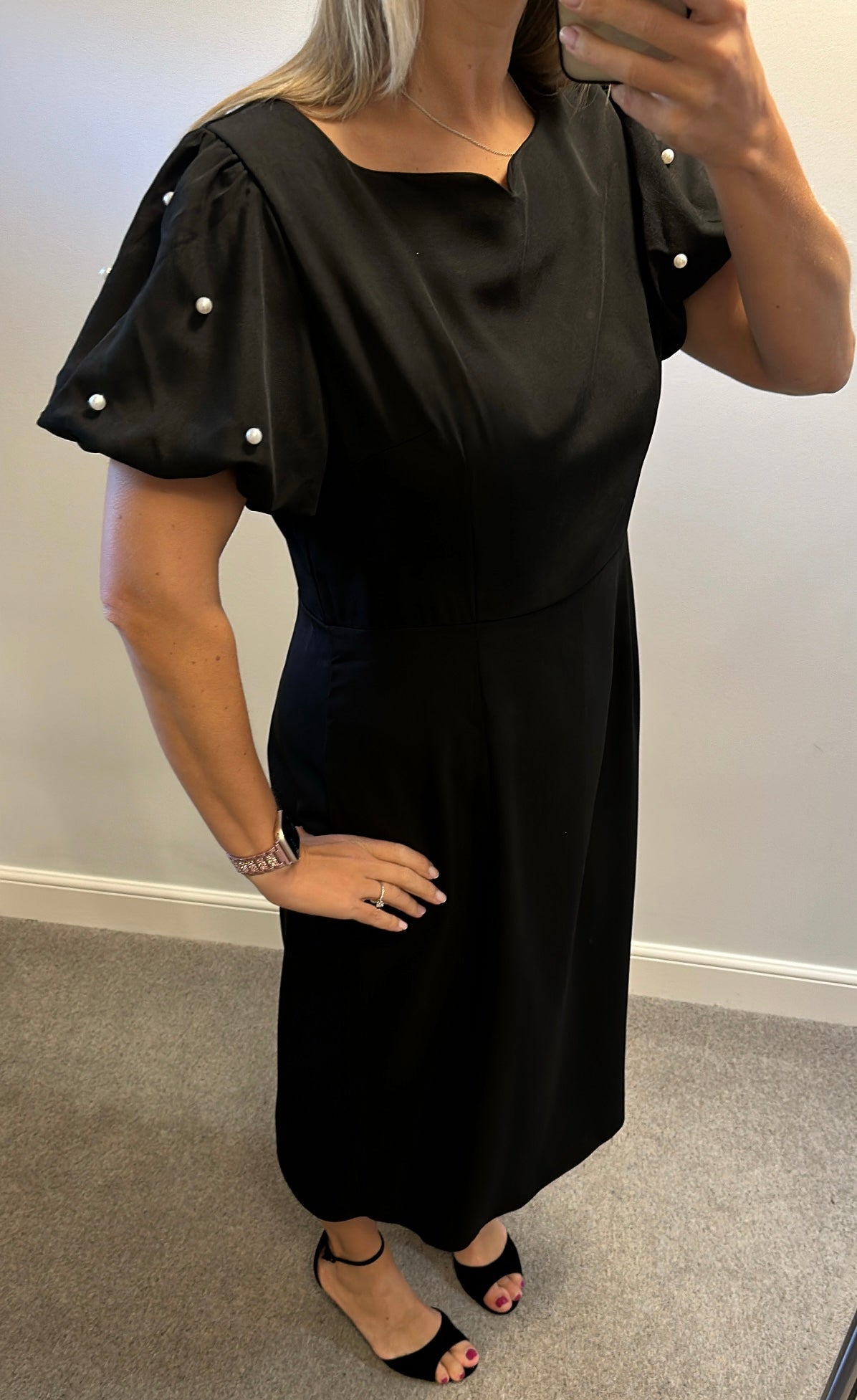 Black midi dress with pearl sleeves size 16