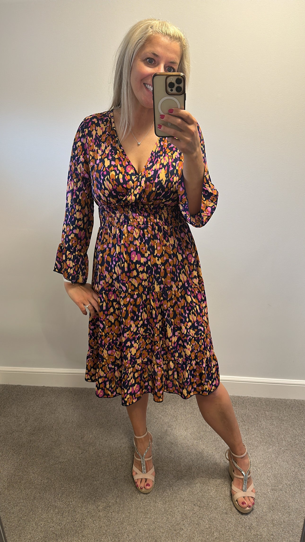 Navy Multi coloured print dress size L would fit upto size 14