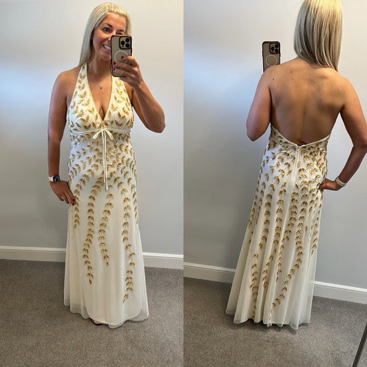 Night way collections Cream gold embellished evening dress size 12