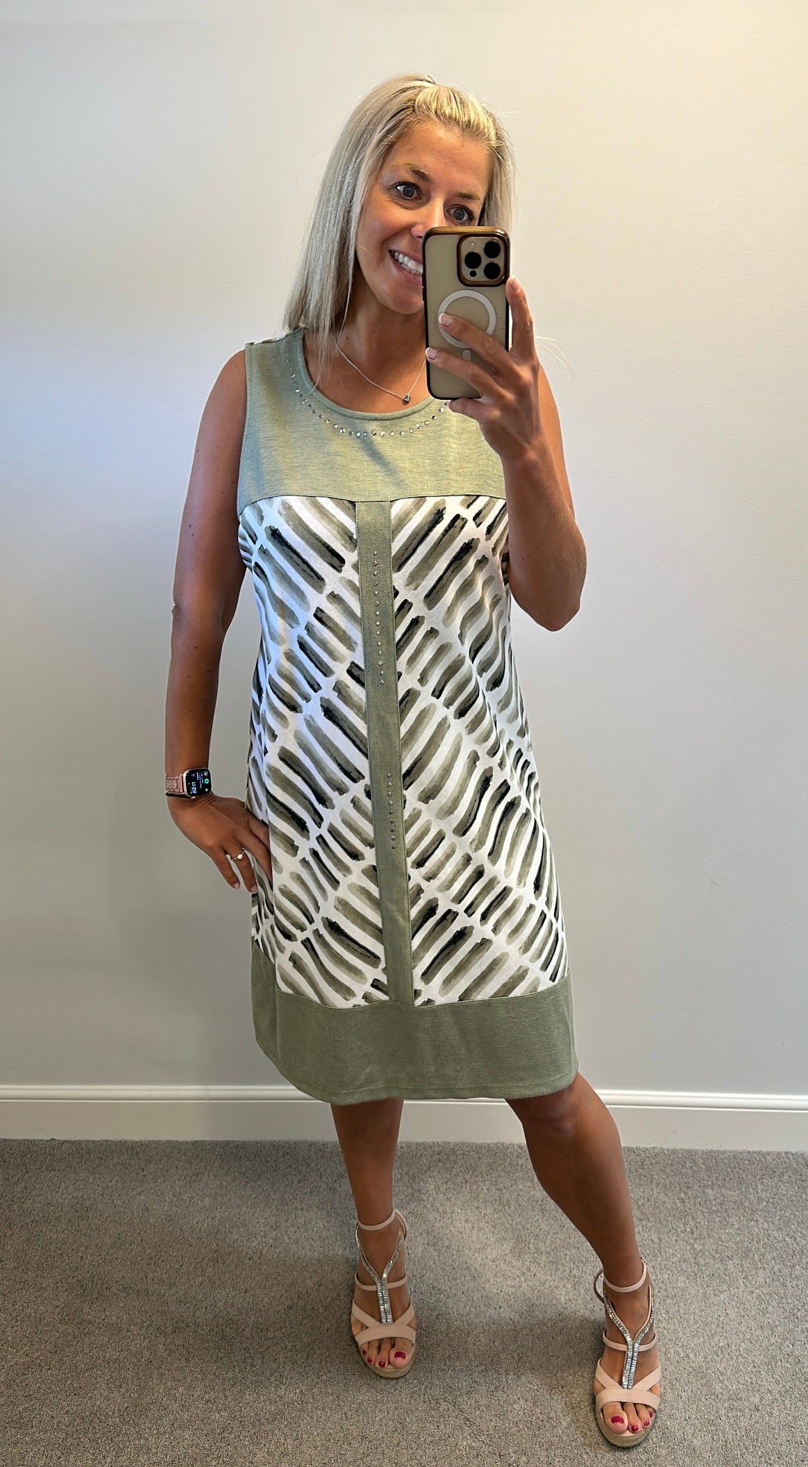 Picadilly khaki green print dress and cardigan size L would fit upto size 16