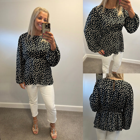 Dorothy Perkins black polka dot top with balloon sleeves size 18