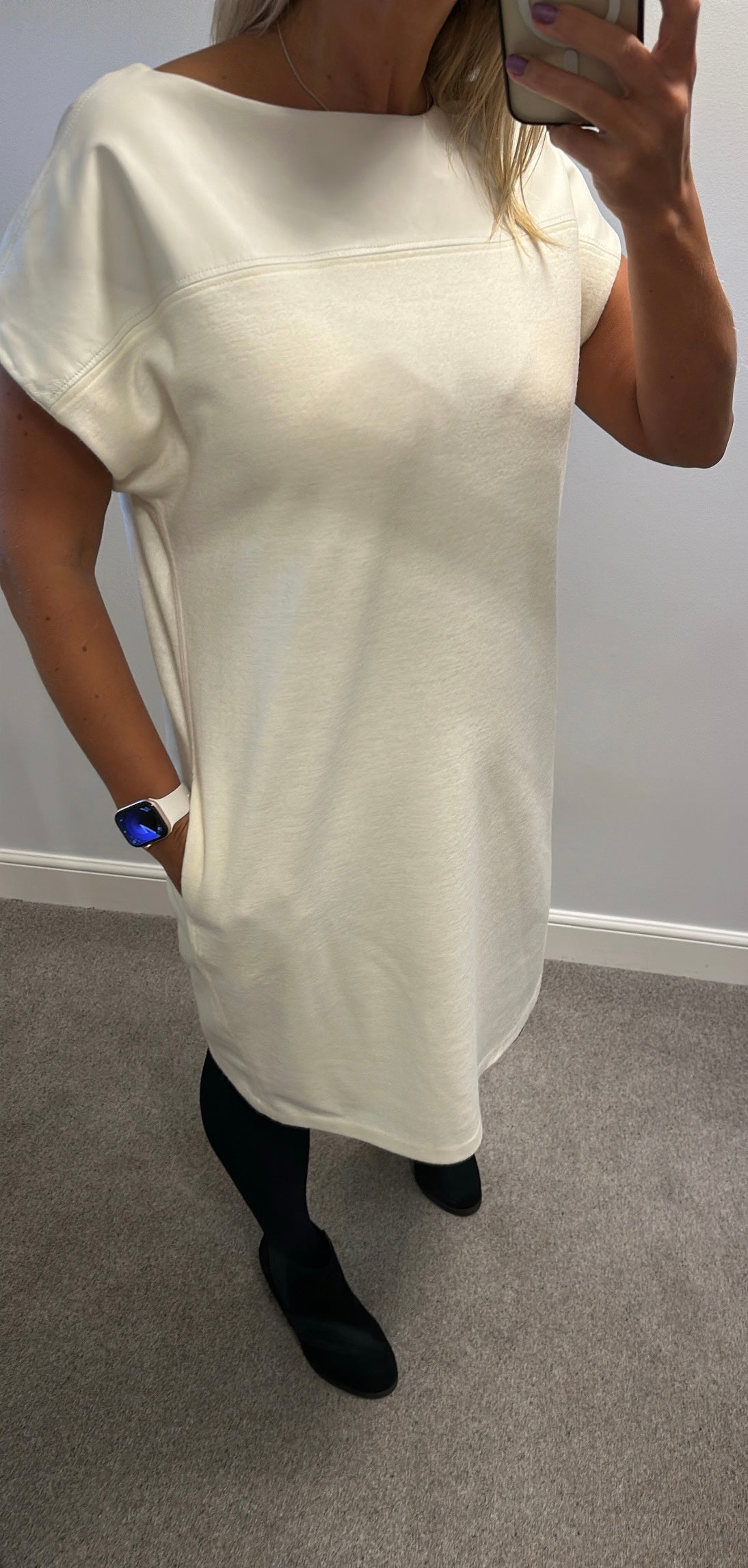 Ralph Lauren wool cream dress with pockets and leather upper trim size L would fit upto size 16