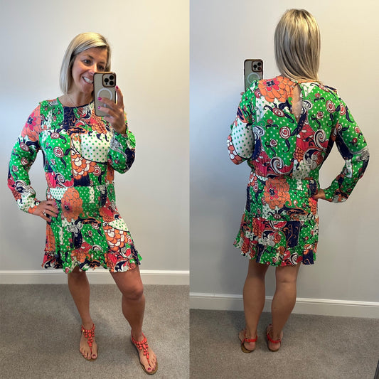 Never Fully Dressed Green Print Mini Dress Ruched Ruffle Uk Size 12 brand new without tags