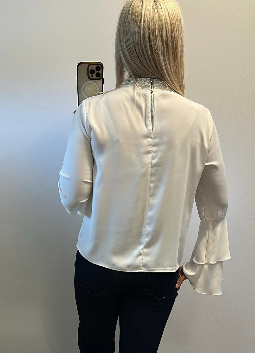 Jessica Wright off white flute sleeve blouse with pearl collar size 14