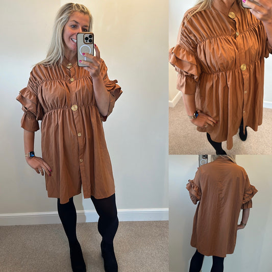 Cherry koko camel colour ruffle dress one size upto size 18 brand new without tags