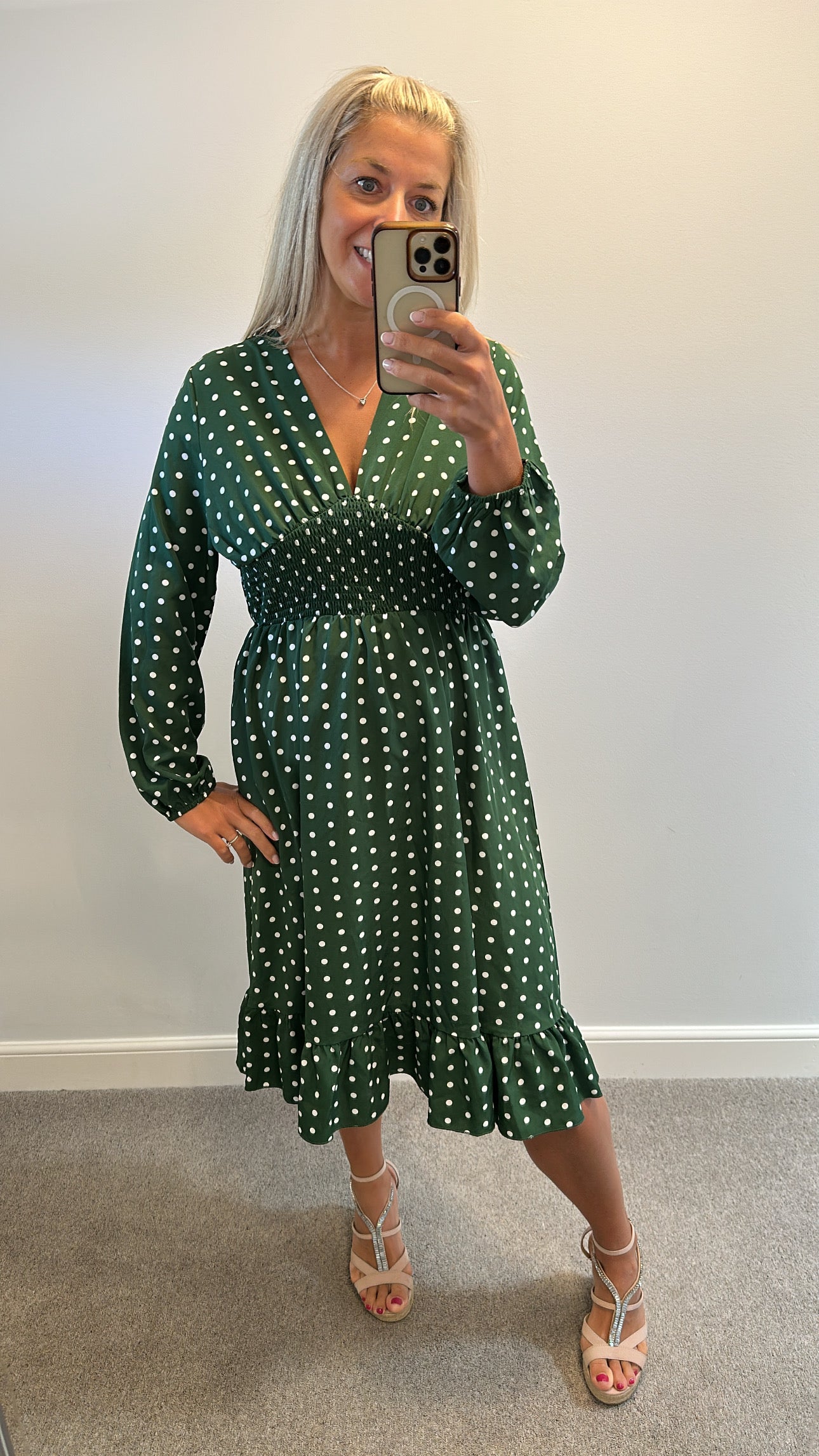 Green polka dot spotted dress would fit upto size 14