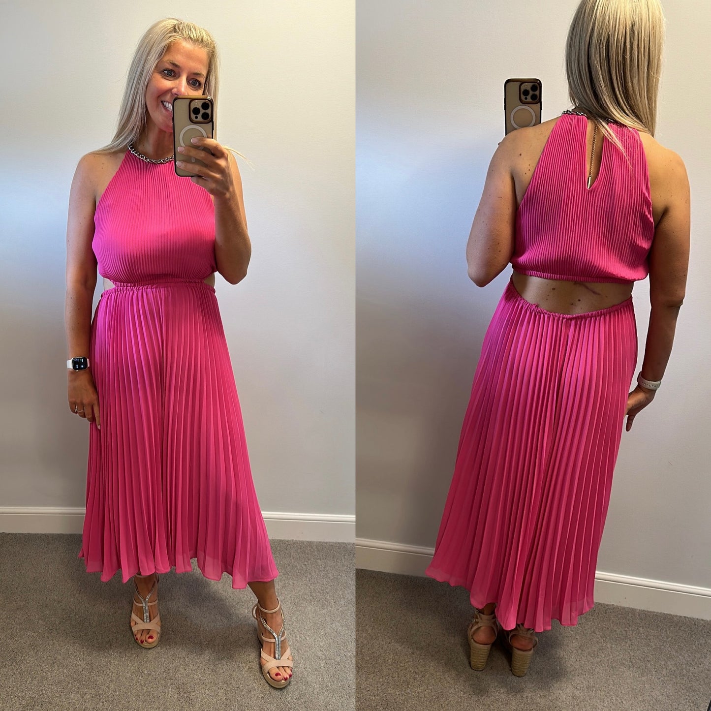 Michael Kors Pleated Cutout Dress in fuchsia pink with a chain-link halter neckline size M fitting upto size 14