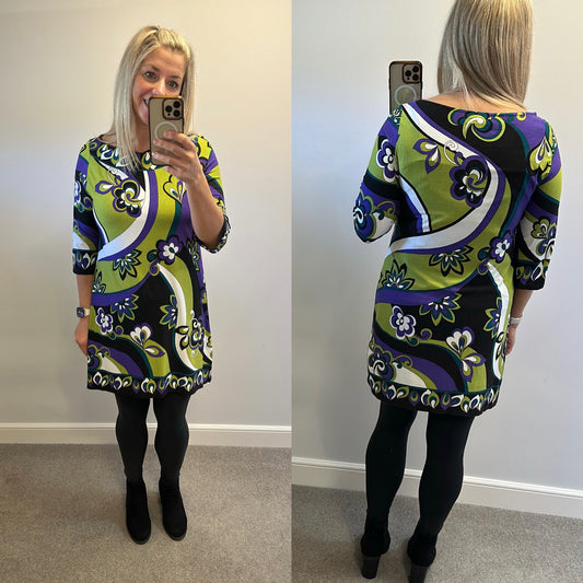 Wallis green and purple print dress size 16 petite