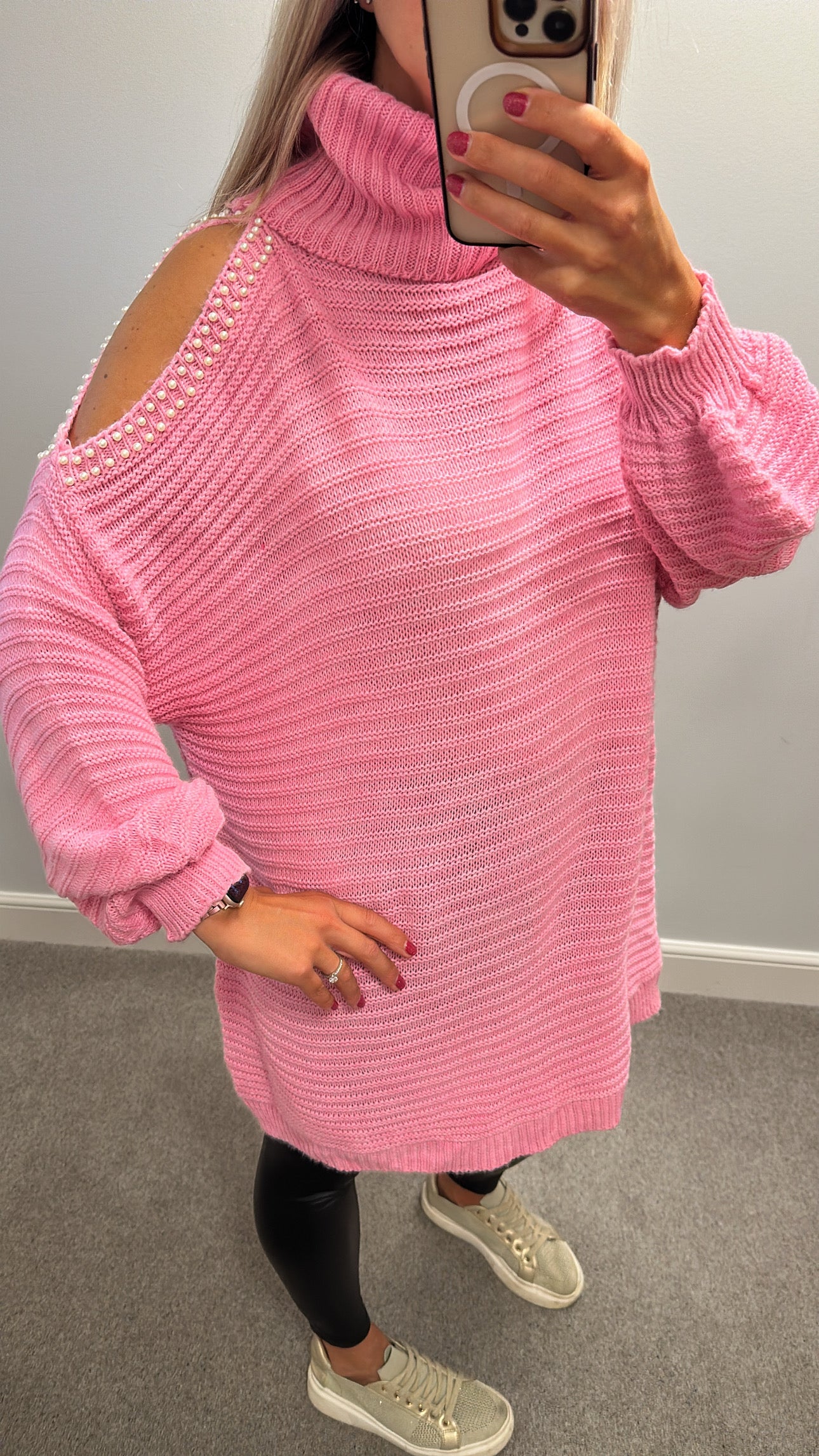 Pink cold shoulder pearl knit turtleneck jumper / dress one size would fit upto size 18