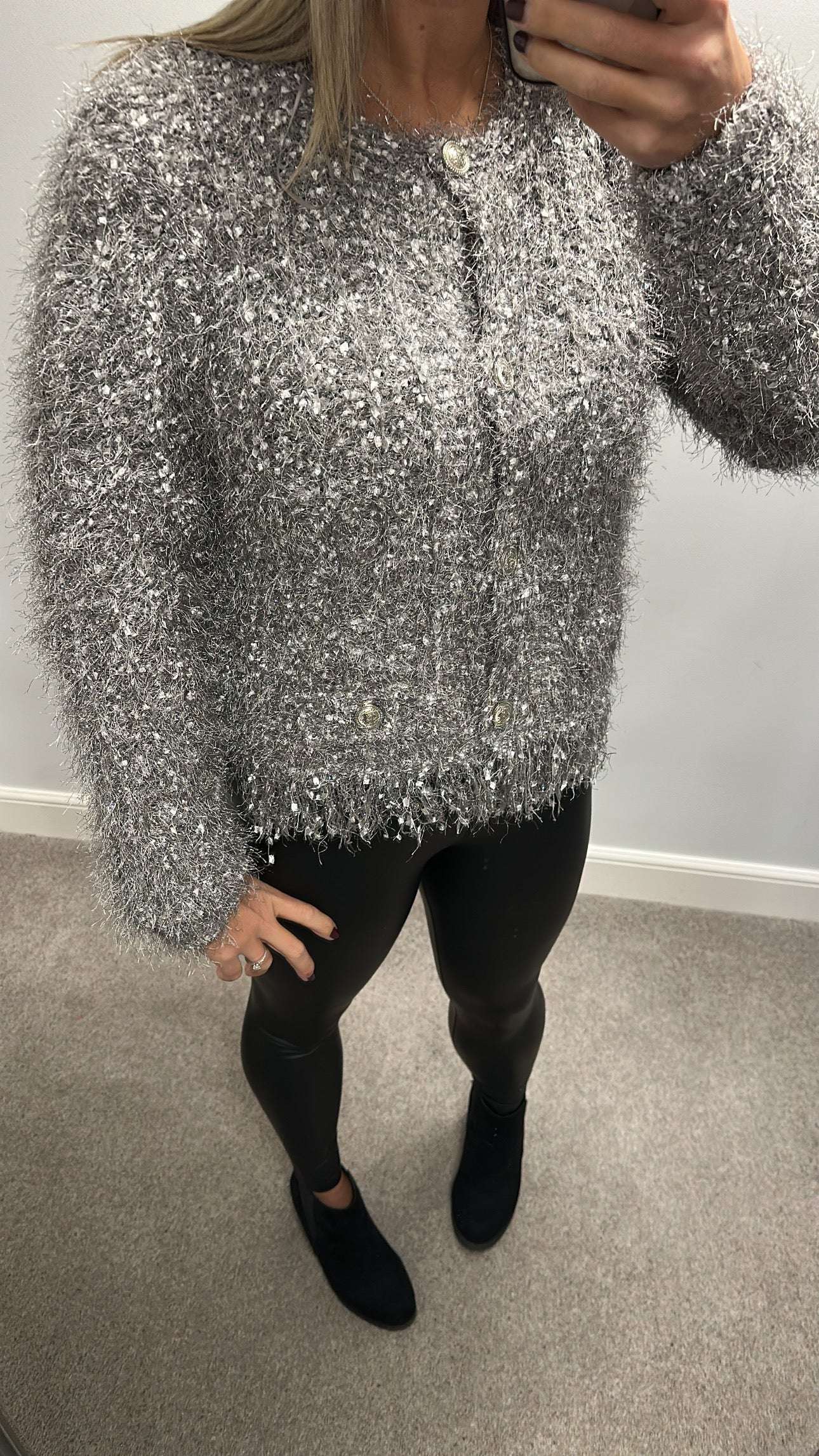 Lipsy grey fluffy shimmer knit jumper / cardigan size 16