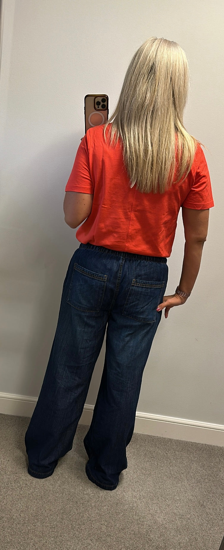 Denim wide leg jeans with elasticated waist.