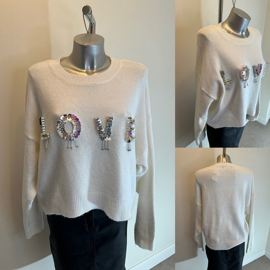 LOVE embellished white knit jumper size 10/12 oversized would fit upto size 14