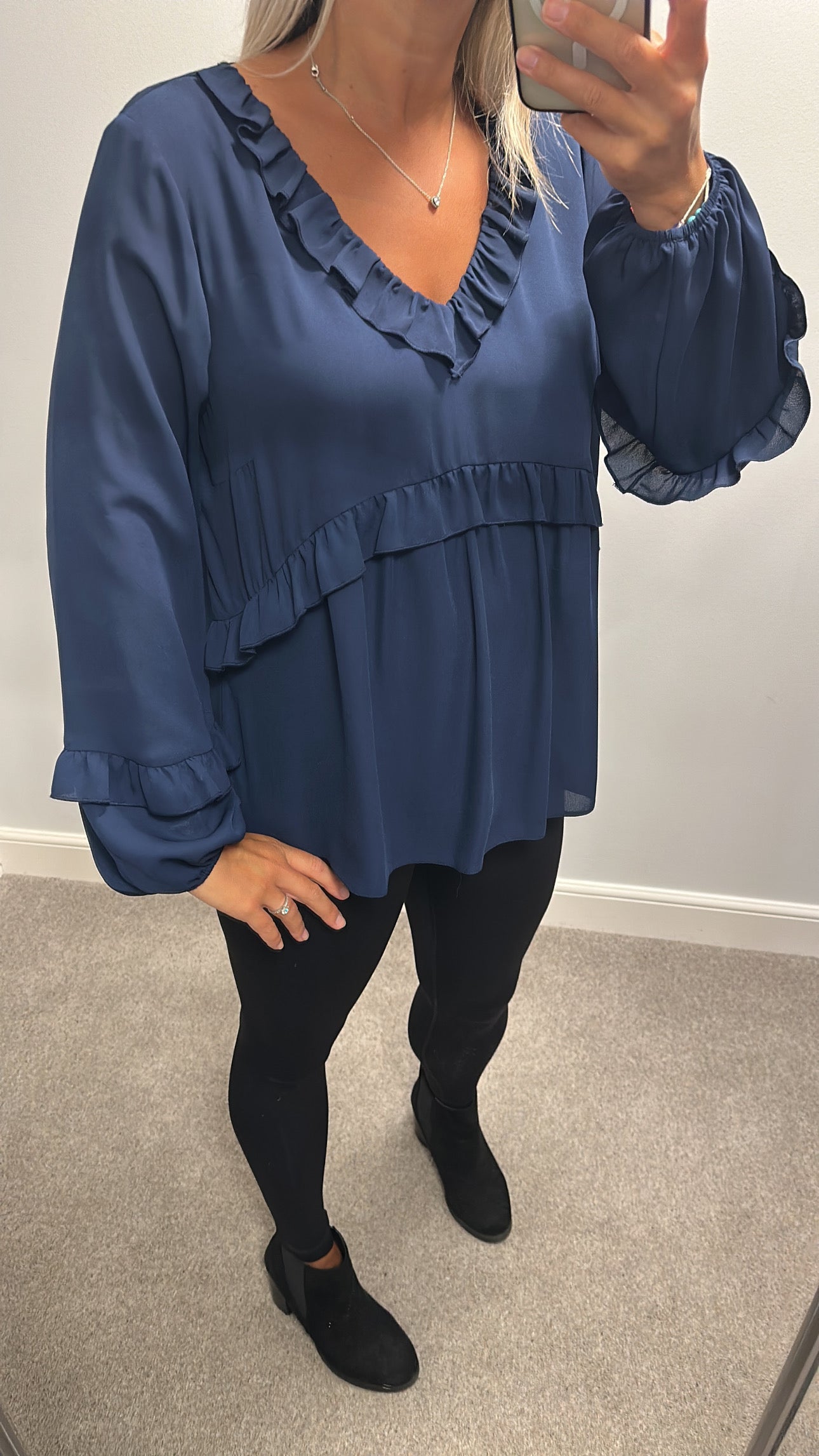 Dorothy Perkins navy ruffle blouse size 16