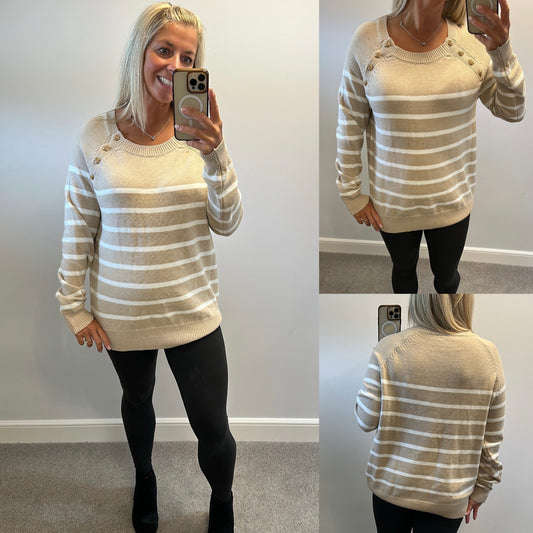 Beige and white stripe knit jumper with heart studs brand new without tags would fit upto size 18