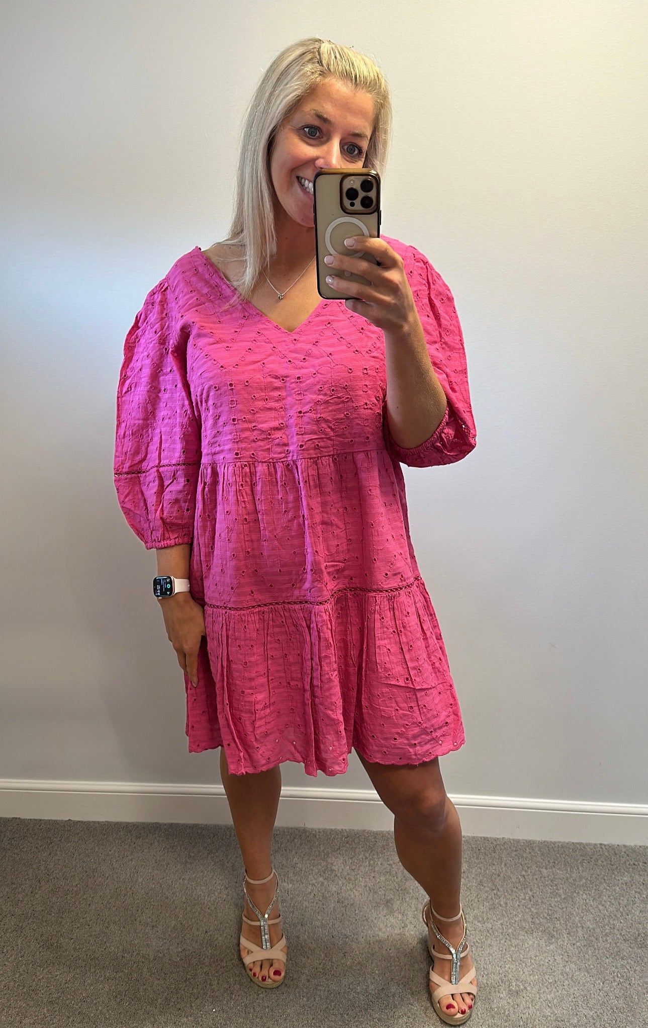 F&F pink puff sleeve embroidered dress size 16