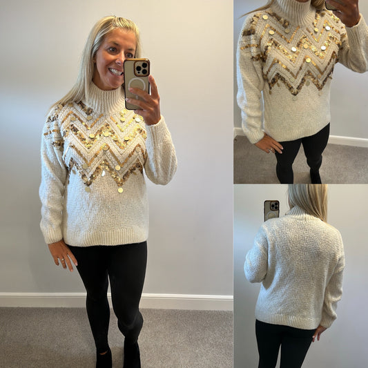 F&F Cream and gold disc knit jumper size 12