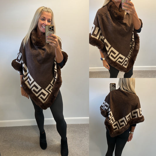 Brown print soft faux fur poncho brand new with tags