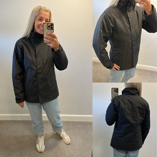 Regatta black cosy rain proof jacket with pack away hood size 12