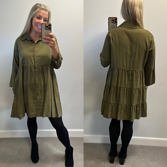 Apricot khaki green shirt dress with pockets size 14