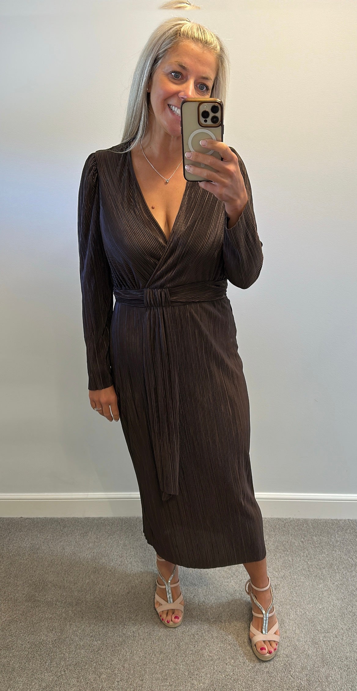 Brown pleated midi dress would fit upto size 14