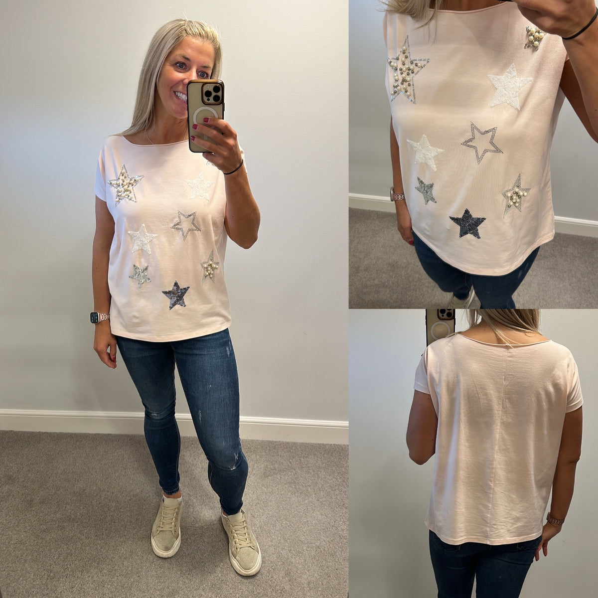 Kelsi rose pink embellished sequin / pearl star tshirt would fit upto size 16