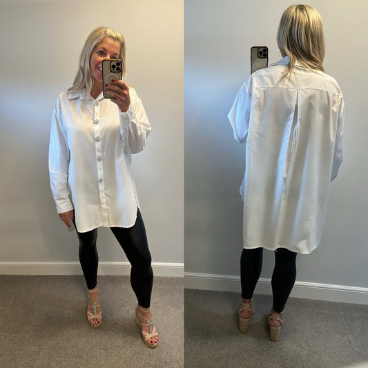 Mecchu white oversized shirt with embellished buttons one size fitting upto size 22 brand new with tags