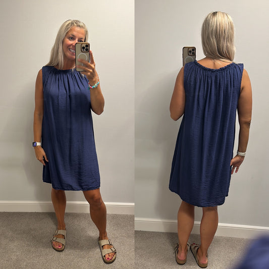 “Glossy” navy dress one size fitting upto size 16/18 brand new with tags