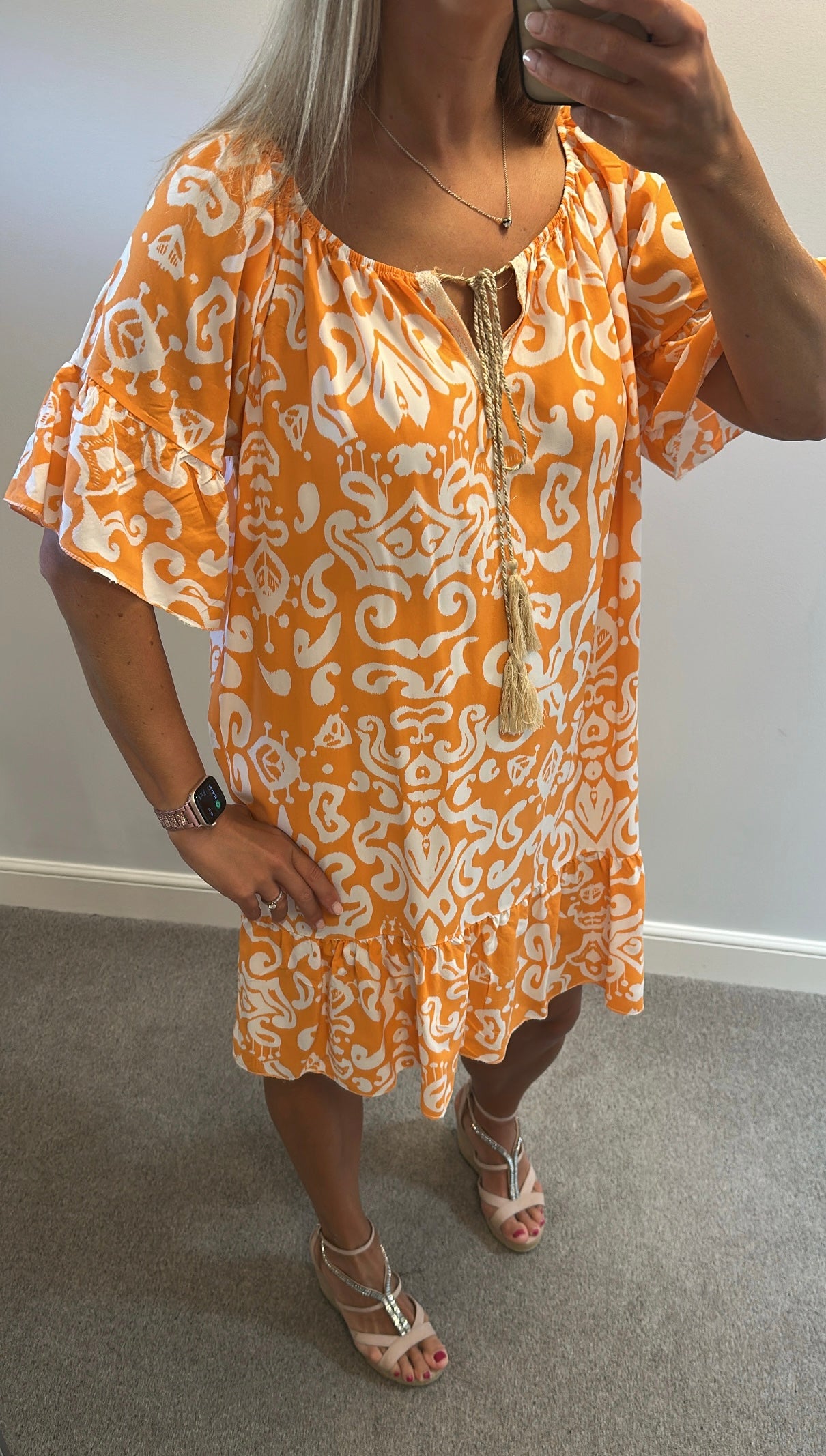 Spanish boutique Orange and white print summer dress one size fitting upto size 16