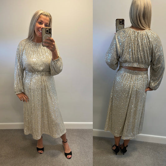 H&M silver sequin long evening dress size S would fit upto size 12 brand new with tags