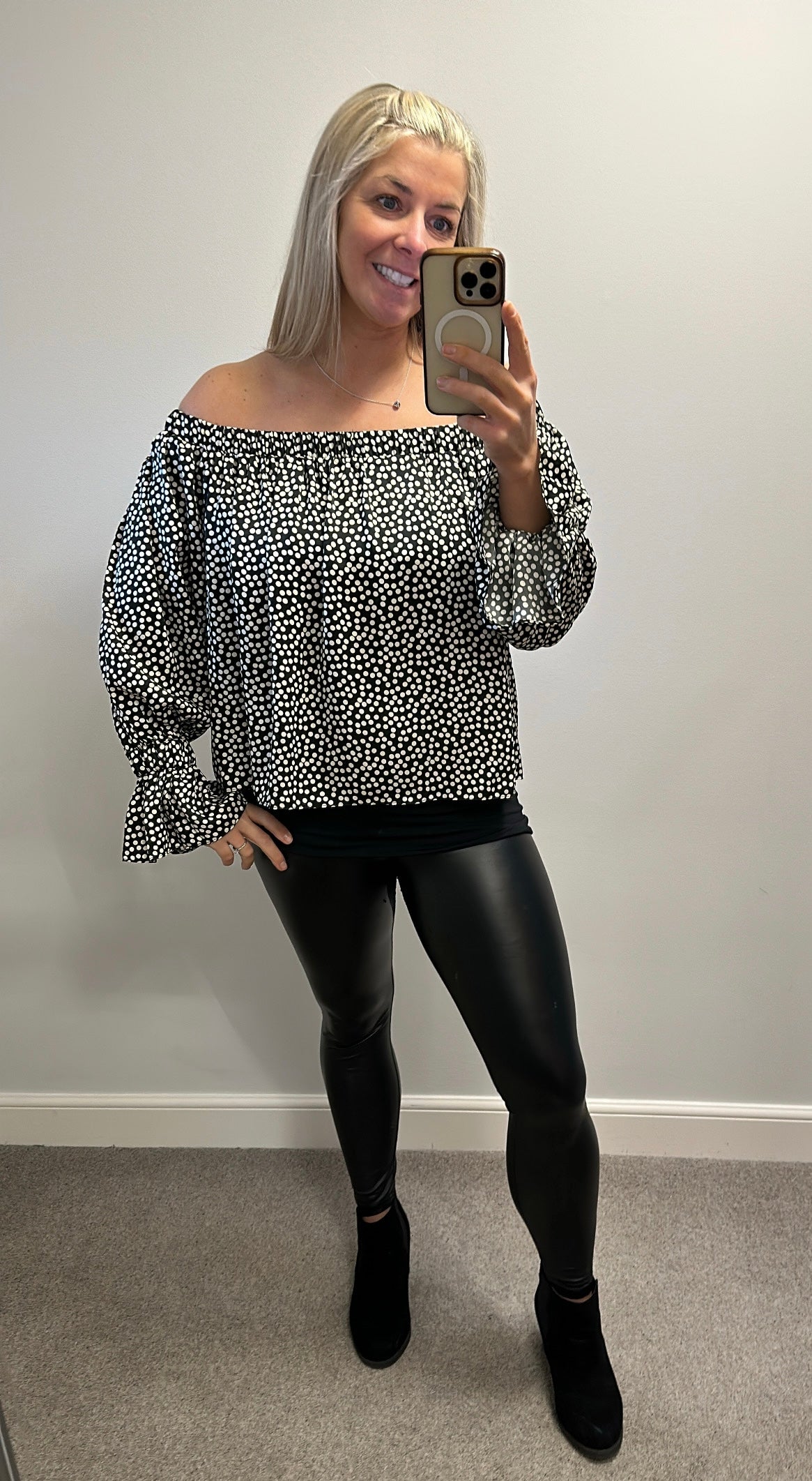 H&M black polka dot off shoulder top size M would fit upto size 16