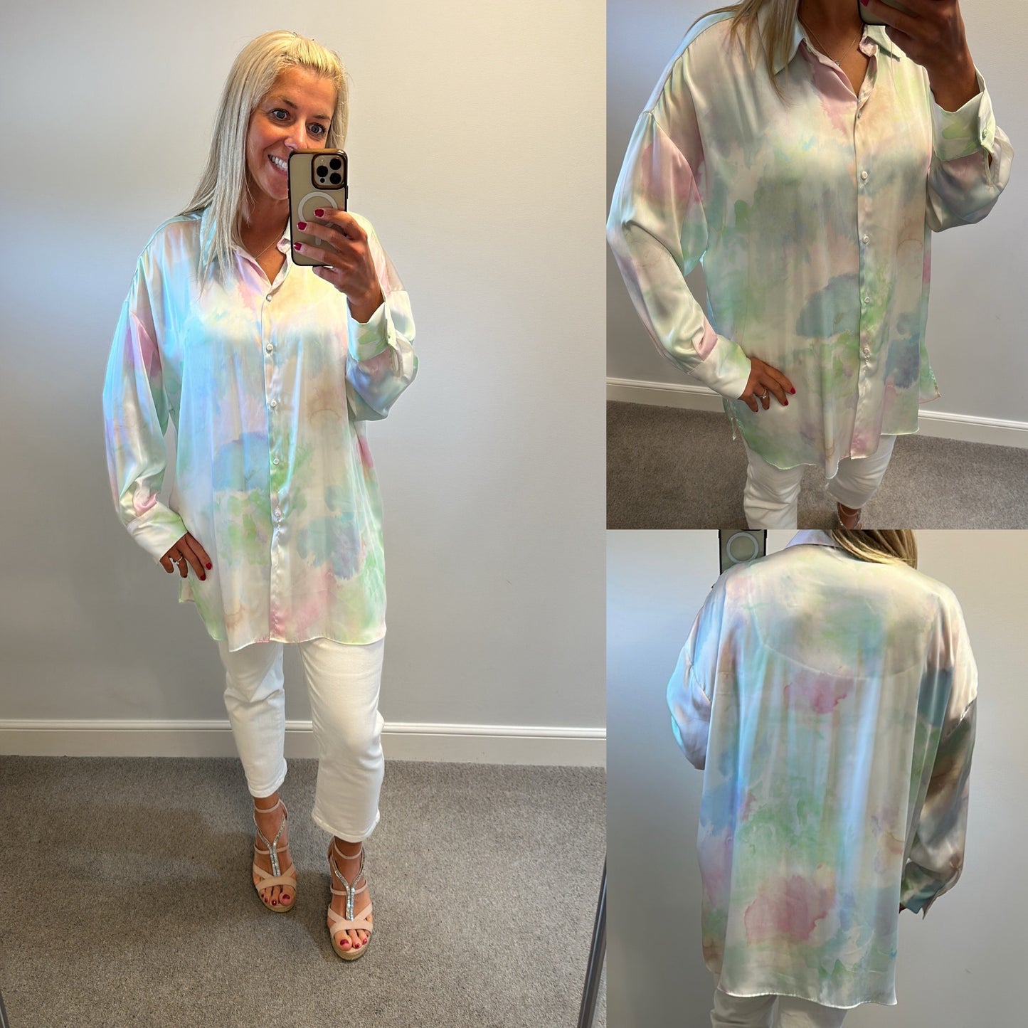 Pastel coloured silk style shirt would fit upto size 18