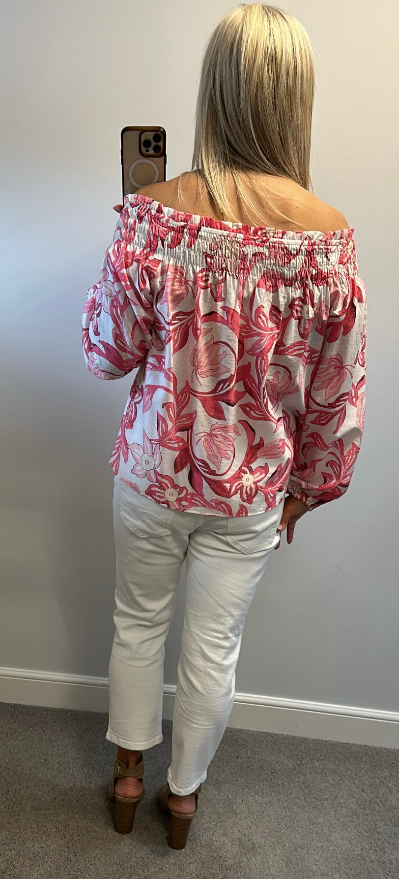 H&M pink floral off shoulder top size L would fit upto size 18