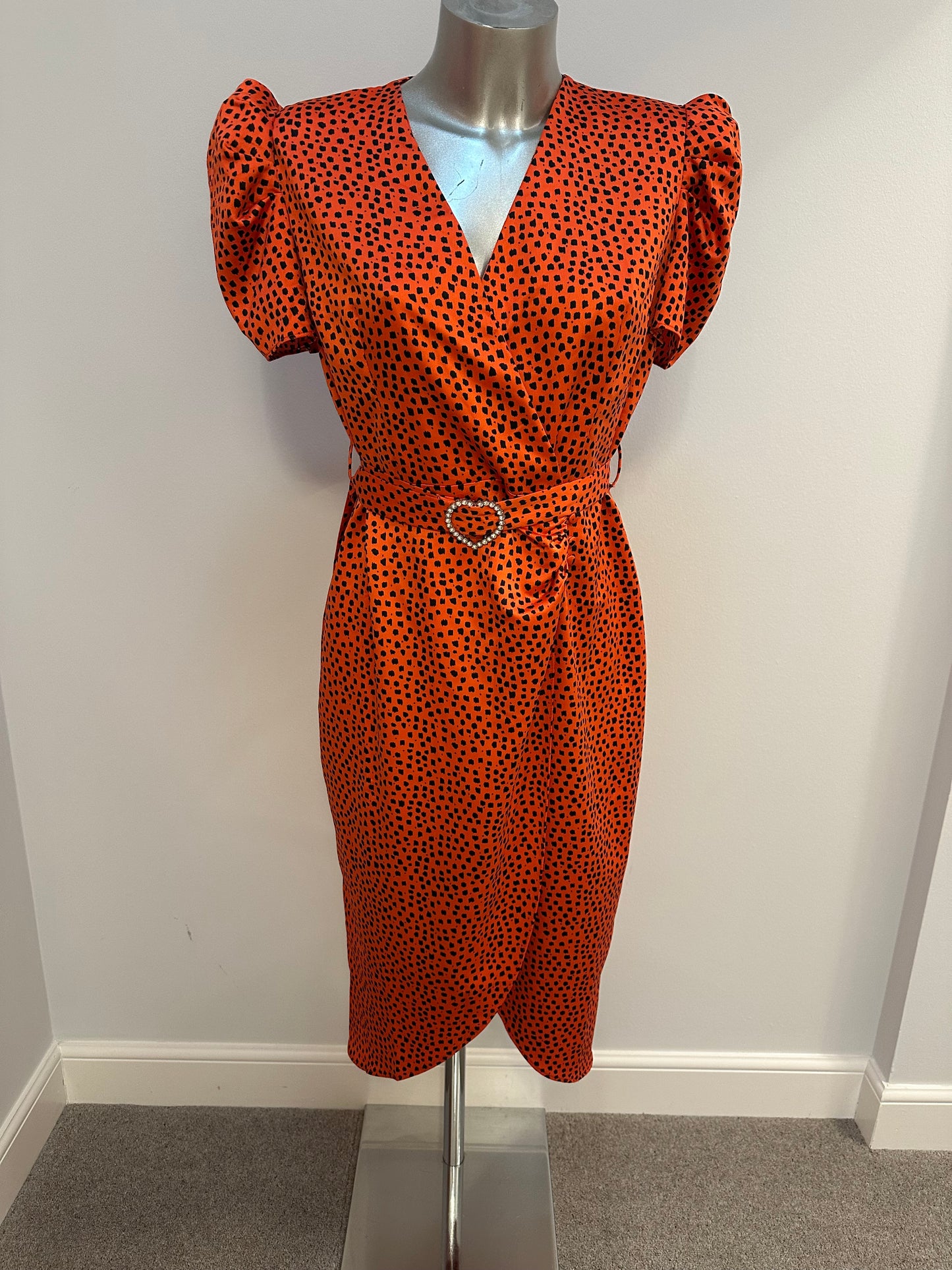 Orange and black print dress with removable belt size 12