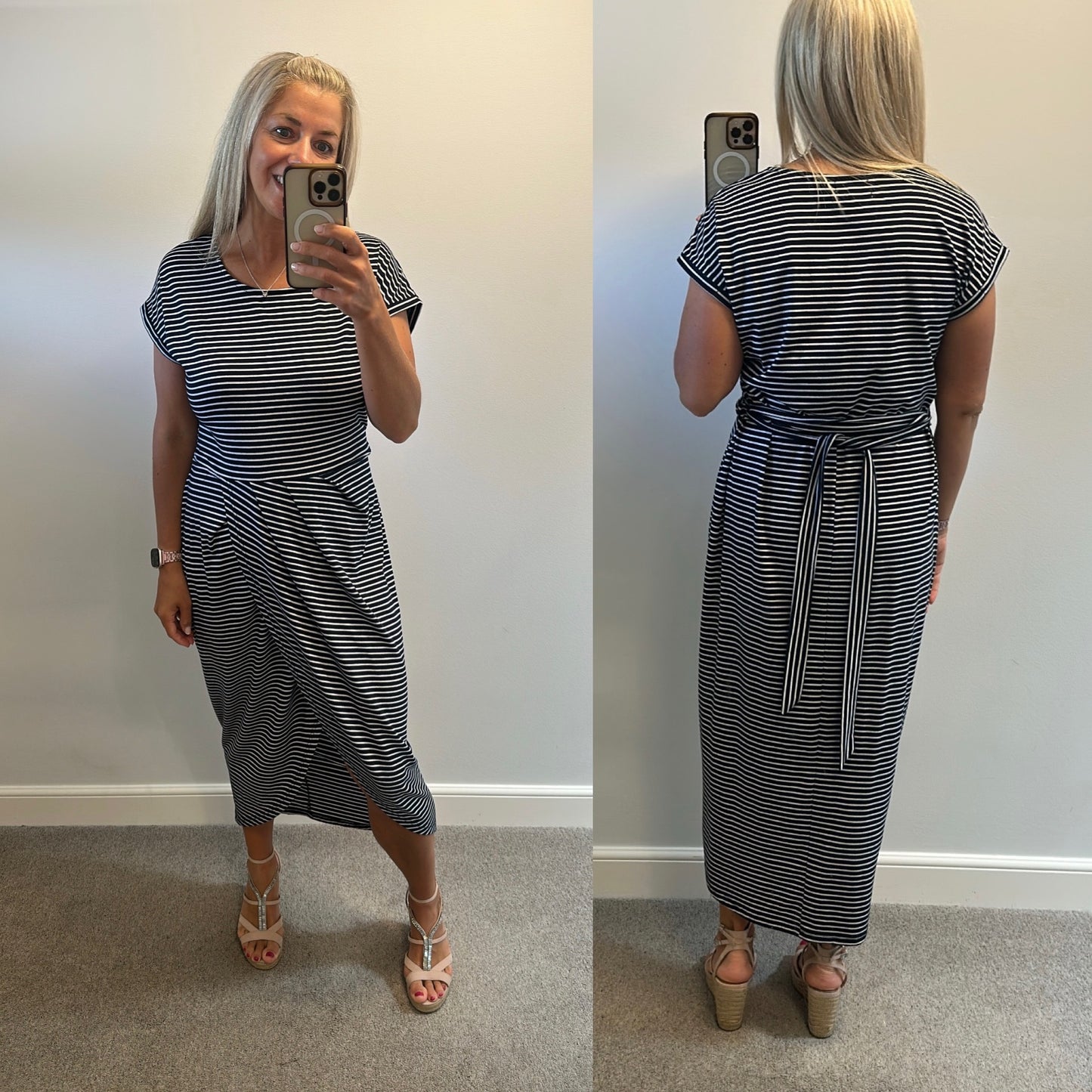 Stella Morgan navy and white stripe dress size 16