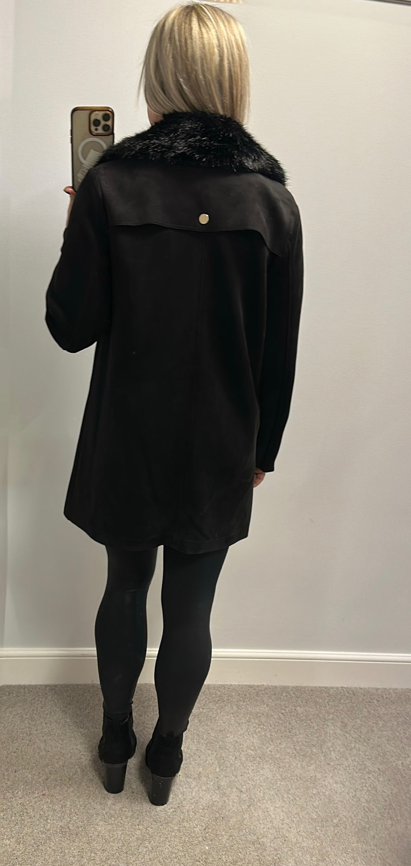 River island black suede style jacket with fur trim collar size 14