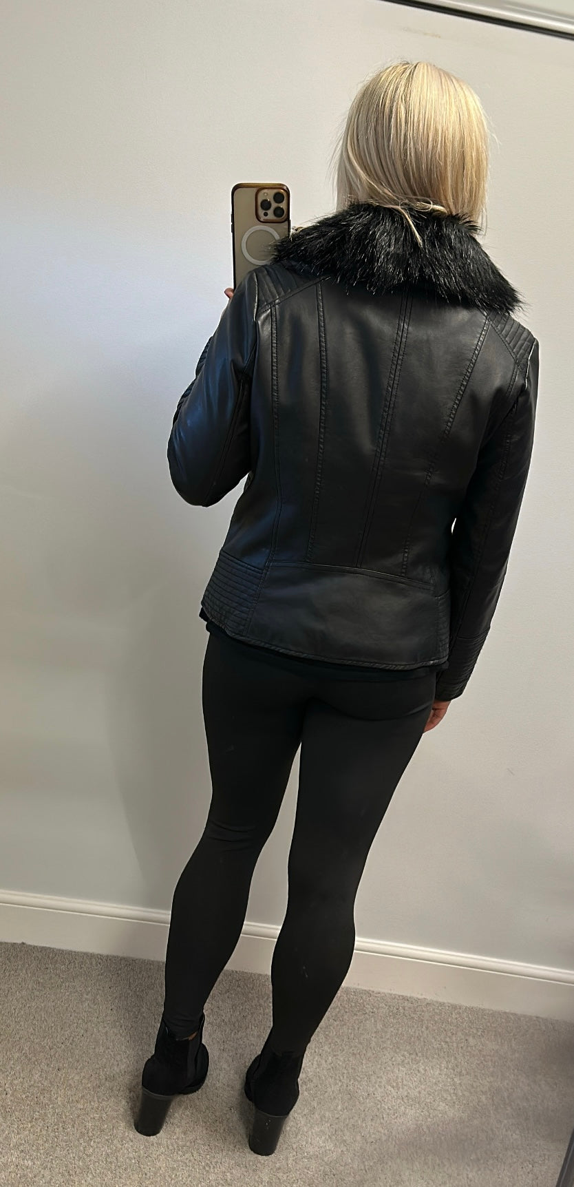 Wallis black leather style jacket with removable faux fur collar size 16 petite
