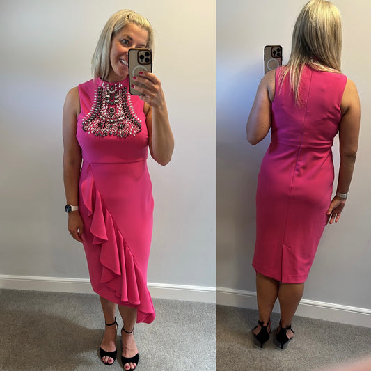 Karen Millen pink embellished ruffle dress size 12 brand new with tags