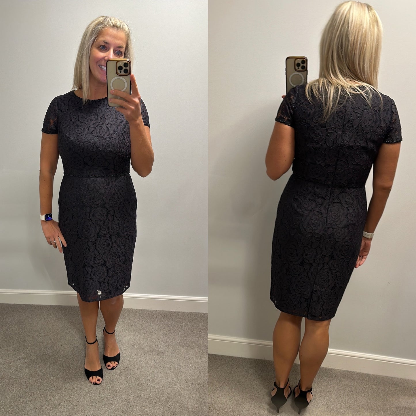 Adrianna Papell black lace dress size 14 (neat fit more suited to 12)