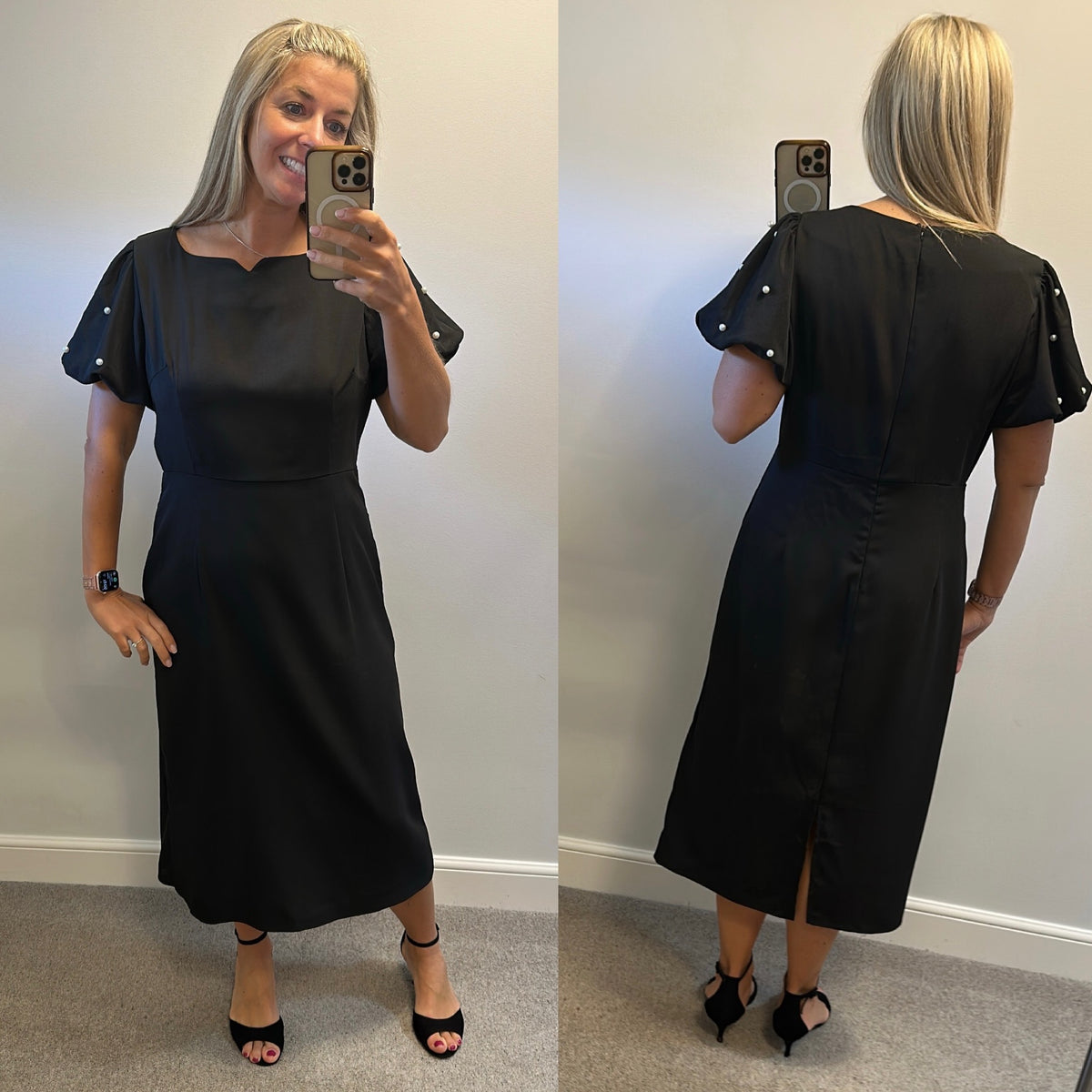 Black midi dress with pearl sleeves size 16